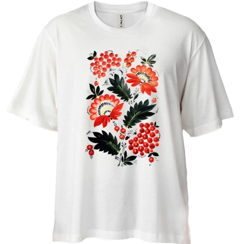 Футболка двонитка Oversize, Білий, з петриківським розписом