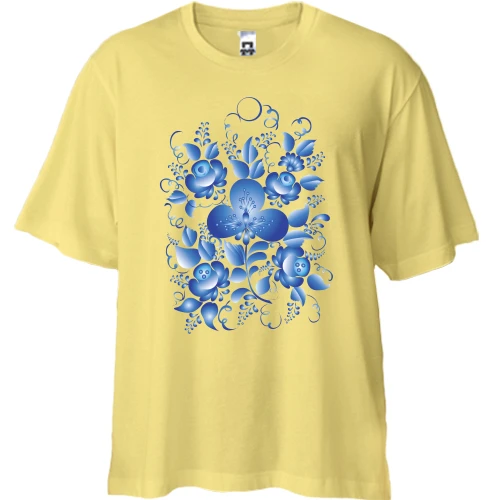 Футболка двунитка Oversize, Желтый, с голубым цветочным орнаментом