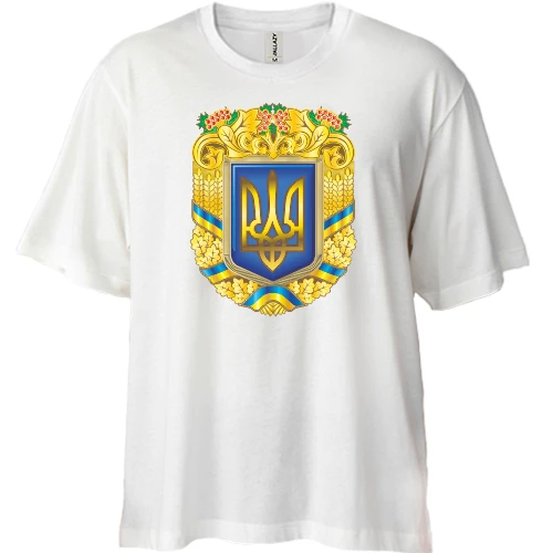 Футболка двунитка Oversize, Белый, с большим гербом Украины, колосьями и калиной