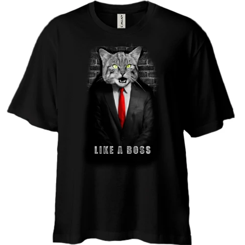 Футболка двунитка Oversize, Черный, с котом в пиджаке "Like a Boss"