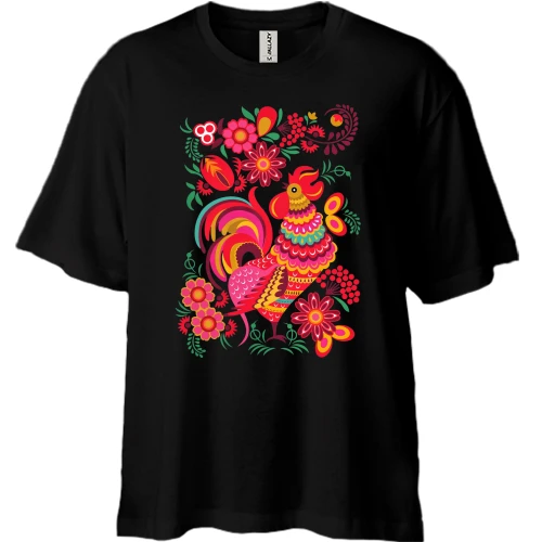 Футболка двунитка Oversize с петухом петриковской росписи