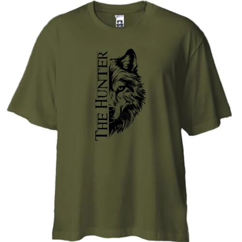 Футболка двонитка Oversize, Хакі, з вовком - The Hunter