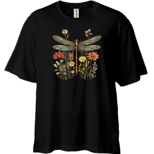 Футболка двунитка Oversize, Черный, Стрекоза с цветами
