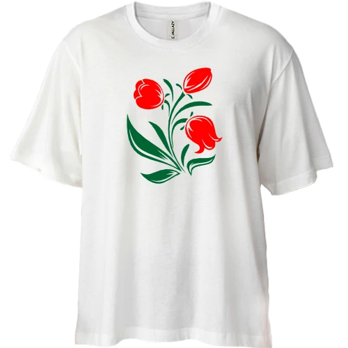 Футболка двунитка Oversize, Белый, с тюльпанами