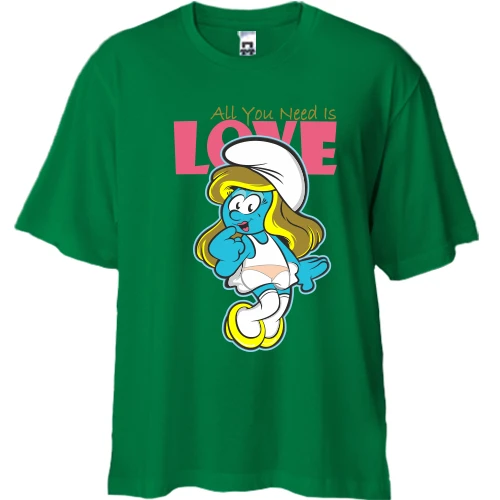 Футболка двунитка Oversize, Зеленый, со Смурфиком All you need is love