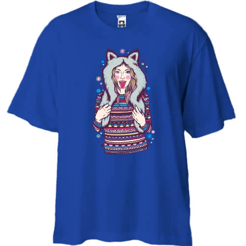 Футболка двонитка Oversize, Синій, з дівчиною і сніжинками