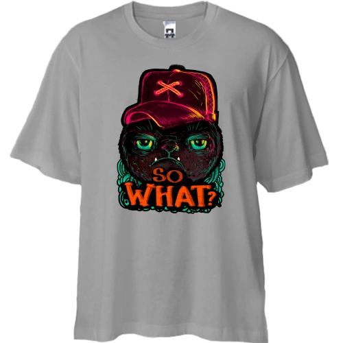 Футболка двонитка Oversize, Сірий, з котом So what?