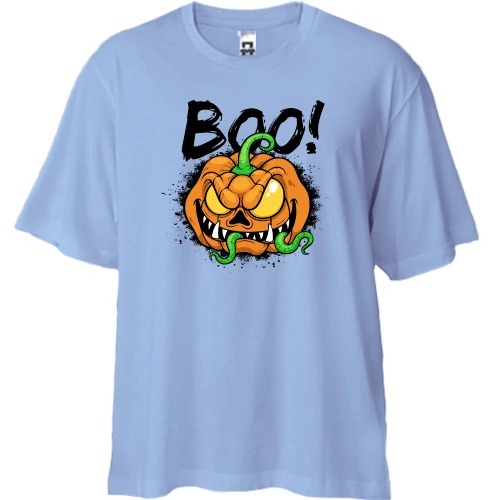 Футболка двунитка Oversize, Белый, со злой тыквой и надписью BOO