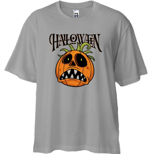Футболка двунитка Oversize, Белый, с расстроенной тыквой и надписью Halloween