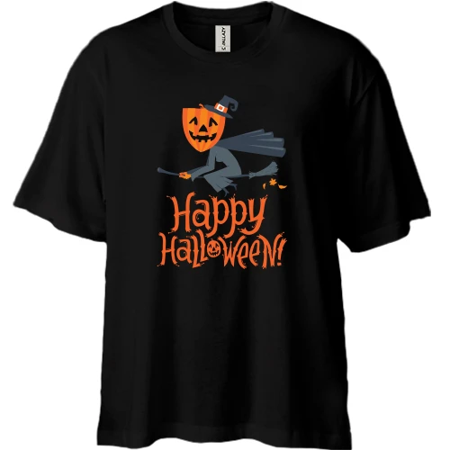 Футболка двунитка Oversize, Черный, Halloween с ведьмой на метле
