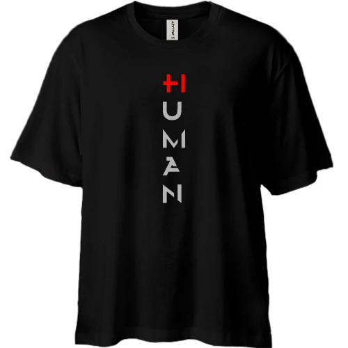 Футболка двунитка Oversize, Черный, HI HUMAN с красным плюсом