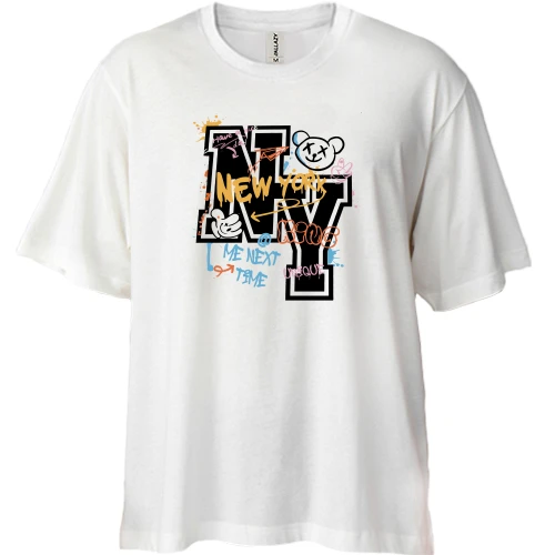 Футболка двунитка Oversize, Белый, NY с граффити