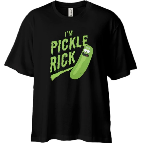 Футболка двунитка Oversize, Черный, с крупной зелёной надписью «I'm Pickle Rick»