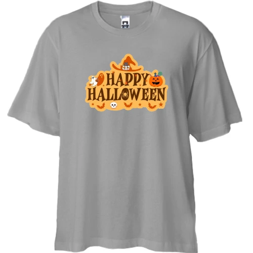 Футболка двунитка Oversize, Серый, Happy Halloween (Вывеска)