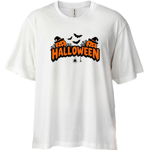 Футболка двунитка Oversize, Белый, Надпись Halloween с тыквами