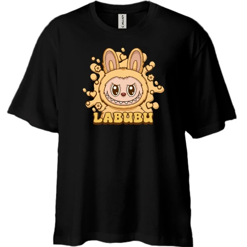 Футболка двунитка Oversize, Черный, Labubu желтый
