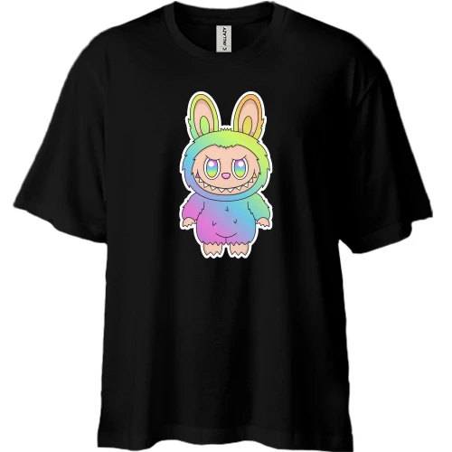 Футболка двонитка Oversize, Чорний, Labubu веселковий