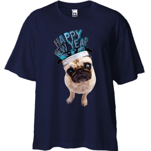 Футболка двунитка Oversize, Синий, с мопсом Happy New Year
