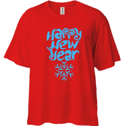 Футболка двонитка Oversize, Червоний, зі сніжинкою Happy New Year