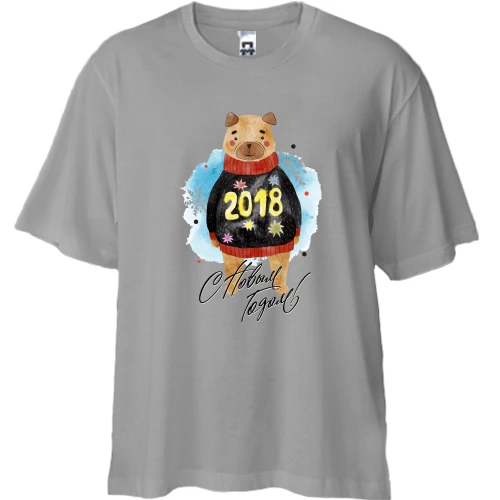 Футболка двунитка Oversize, Серый, с пёсиком С Новым Годом!