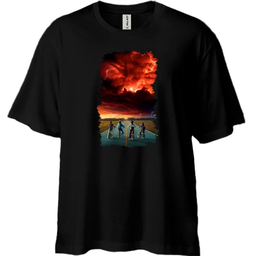 Футболка двунитка Oversize Stranger Things с велосипедистами