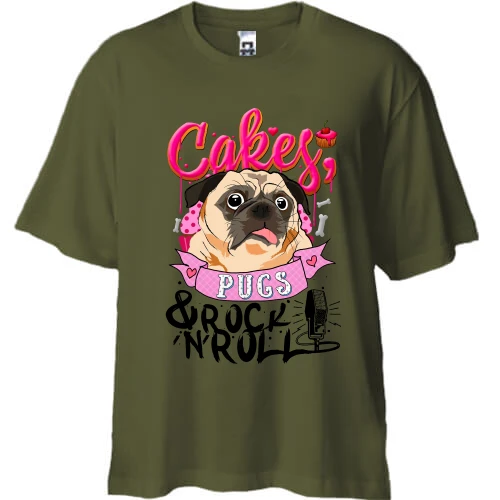 Футболка двонитка Oversize, Чорний, Cakes Pugs & Rock`n`Roll