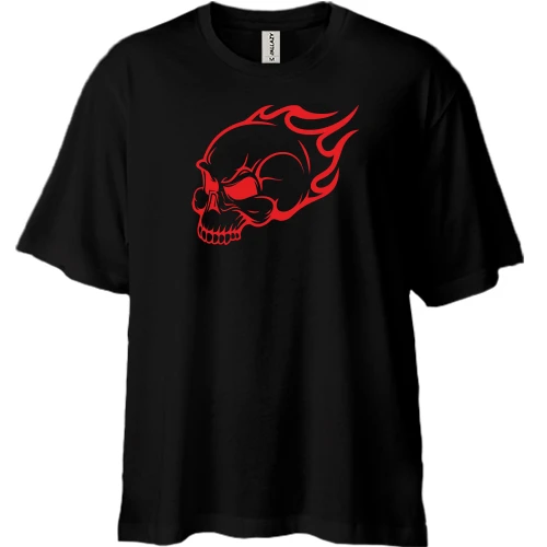 Футболка двунитка Oversize, Черный, "Flaming Skull"