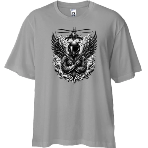 Футболка двунитка Oversize, Серый, с боевым вертолетчиком