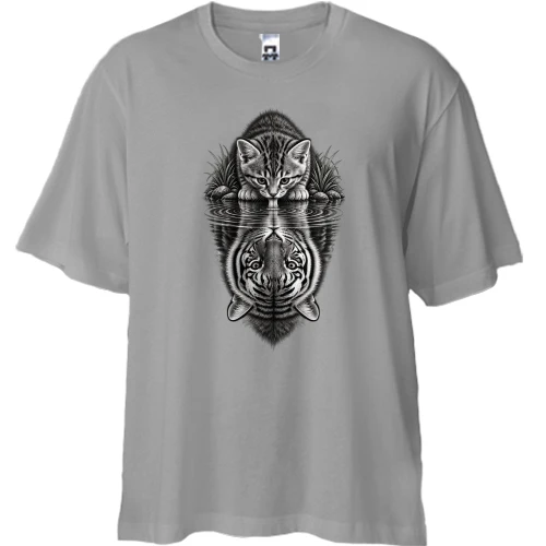 Футболка двунитка Oversize, Серый, с котенком и отражением тигра