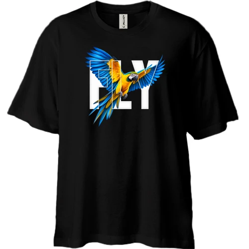Футболка двунитка Oversize, Черный, с летящим попугаем и надписью FLY
