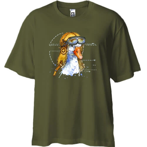 Футболка двунитка Oversize с гусем в шлеме лётчика