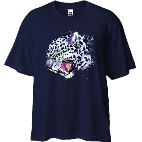 Футболка двунитка Oversize, Синий, со снежным барсом
