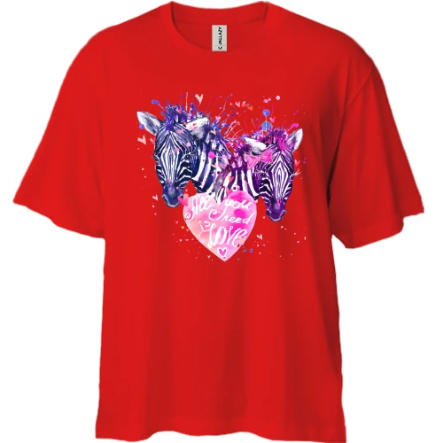 Футболка двунитка Oversize, Красный, с влюблёнными зебрами "all you need is love"