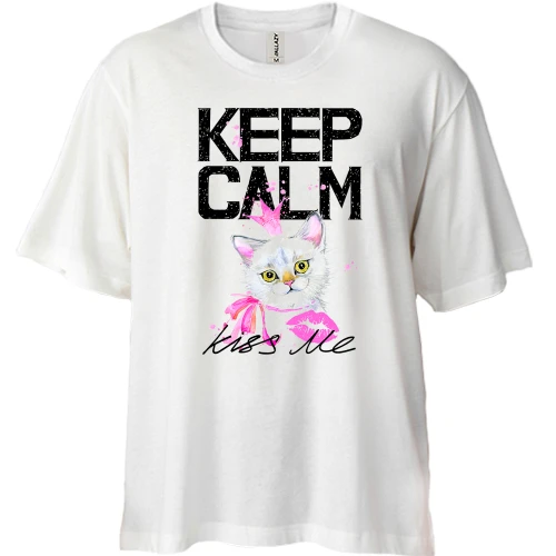 Футболка двунитка Oversize, Белый, с котенком Keep calm and kiss me