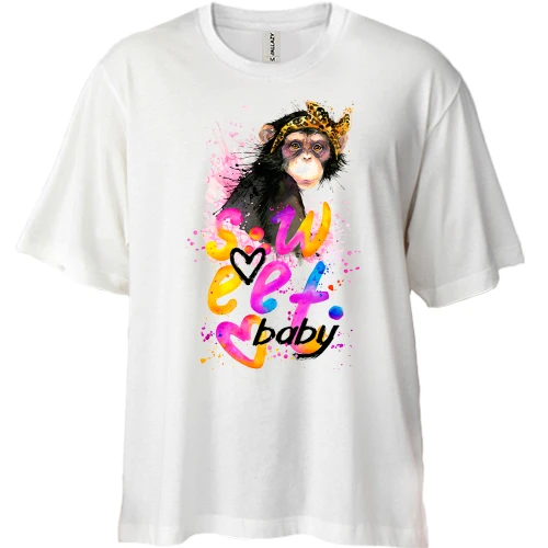 Футболка двунитка Oversize, Белый, Sweet baby с обезьянкой