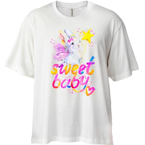 Футболка двонитка Oversize, Білий, Sweet baby з зайчиком