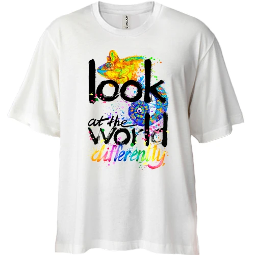 Футболка двонитка Oversize Look at the world differently з хамелеоном