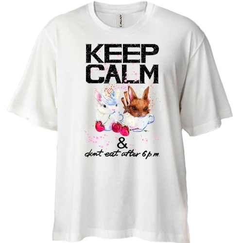 Футболка двунитка Oversize, Белый, Keep calm and don't eat after 6 pm с зайчиками