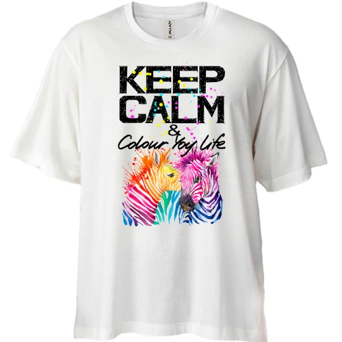 Футболка двунитка Oversize Keep calm and colour your life с цветными зебрами