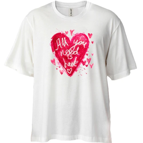 Футболка двонитка Oversize, Білий, з фразою «All you need is love» і рожевим серцем