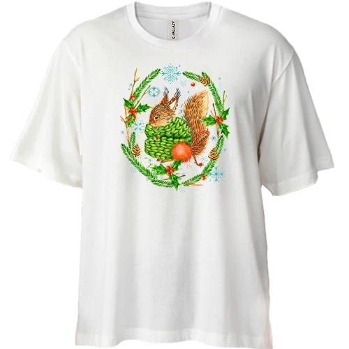 Футболка двонитка Oversize, Білий, з білкою в шарфі