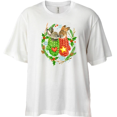 Футболка двонитка Oversize, Білий, з зайцями в рукавичках