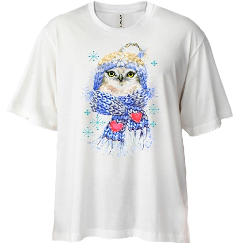 Футболка двонитка Oversize, Білий, з совою в шапці і шарфі (2)