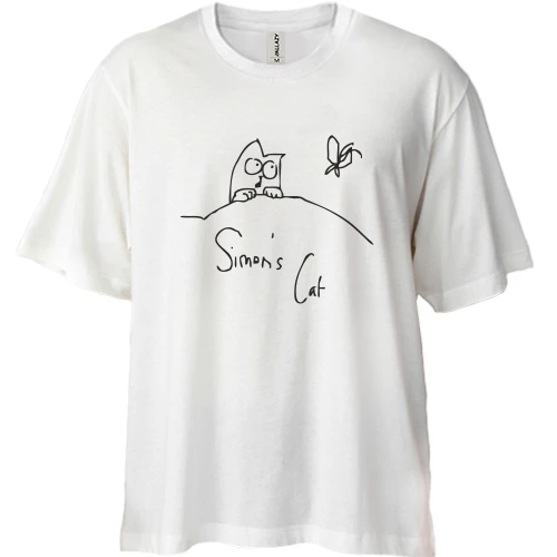 Футболка двунитка Oversize, Белый, Simon's Cat с бабочкой