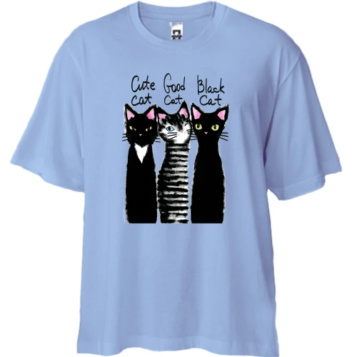 Футболка двунитка Oversize, Синий, с тремя котами "cute, good, black"