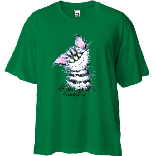 Футболка двунитка Oversize, Зеленый, с монстриком "all you need is monster"