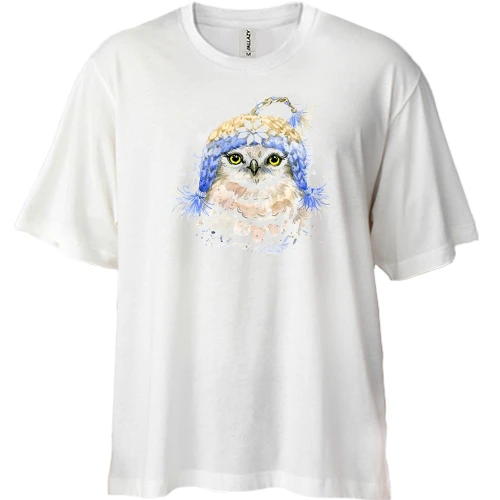 Футболка двонитка Oversize, Білий, з совою у в'язаній шапці