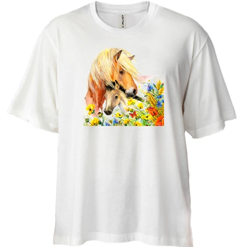 Футболка двунитка Oversize, Белый, с лошадьми в цветах
