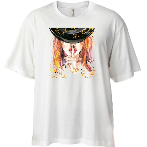 Футболка двунитка Oversize, Белый, с девушкой в шляпе