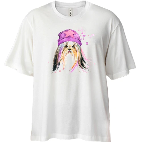 Футболка двунитка Oversize с Йоркширским терьером в шапке